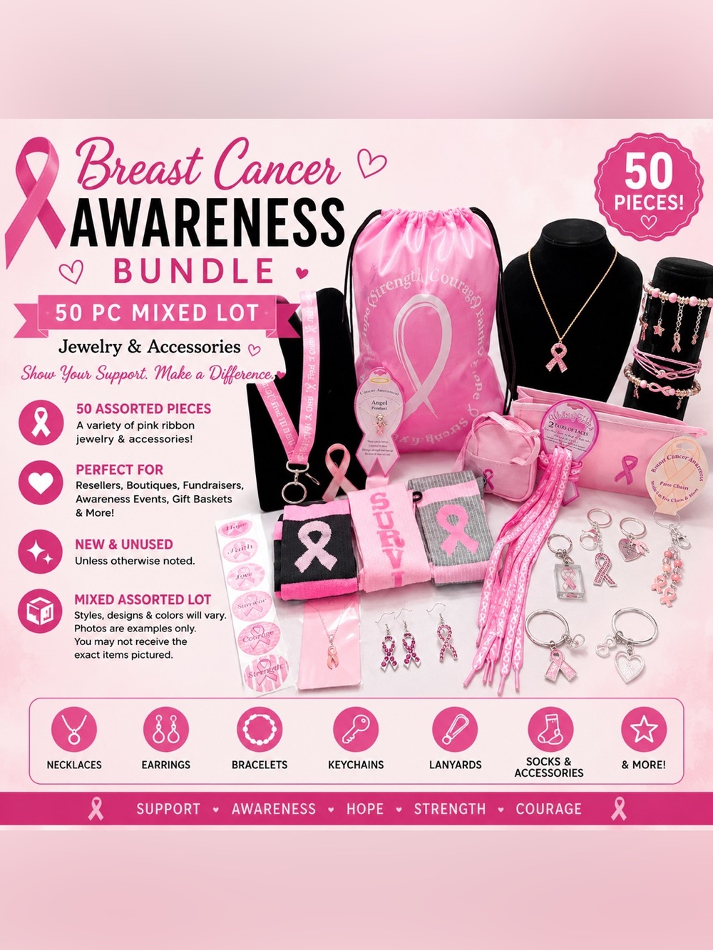 50 Pc Breast Cancer Awareness Pink Ribbon Jewelry & Accessories Mixed Lot